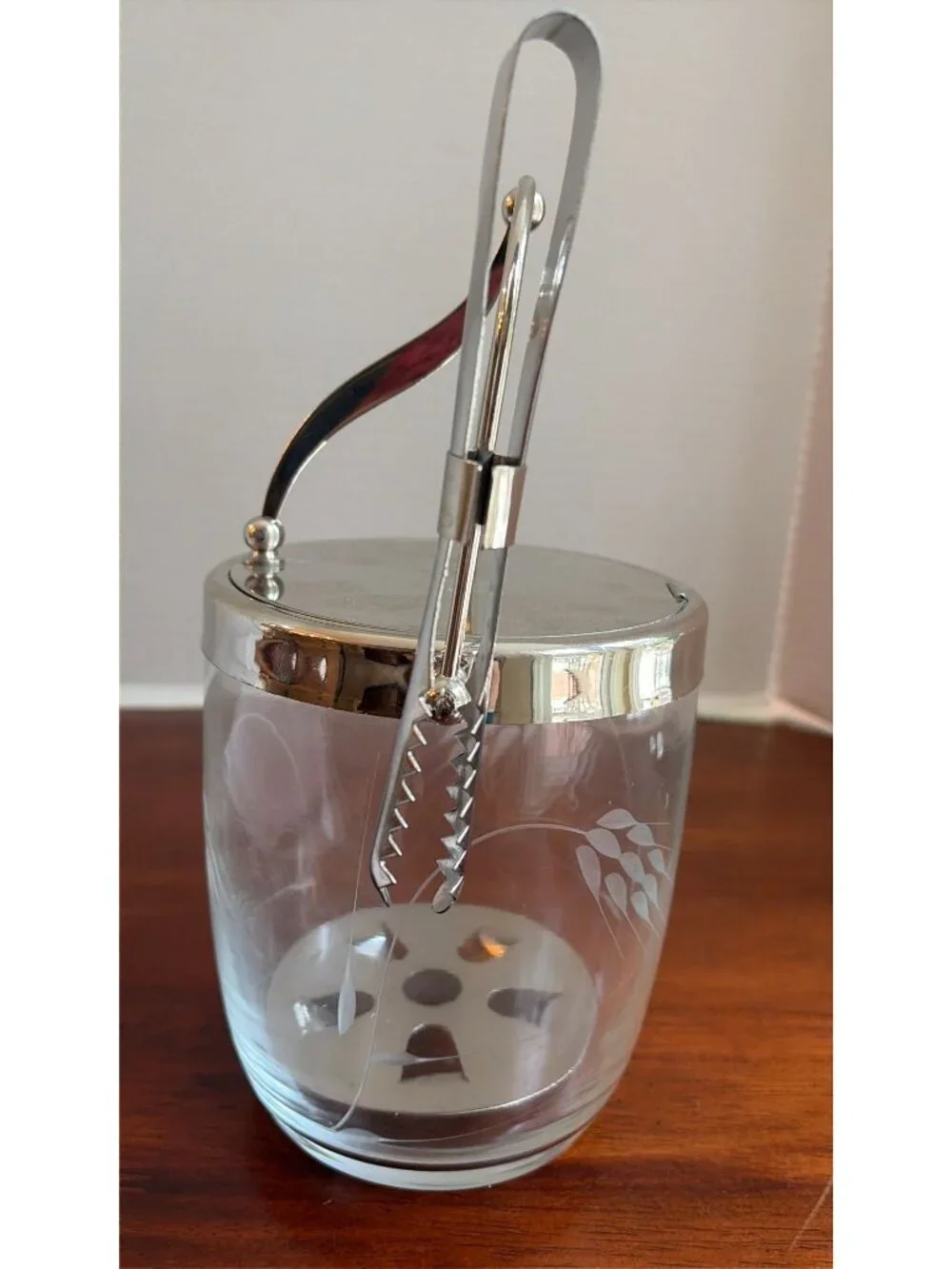 Vintage Sasaki Etched Glass Ice Bucket Small Metal Handle and Tongs